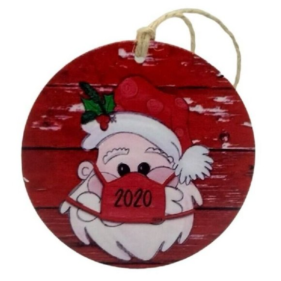 Santa Claus Red Face Mask Wood Planks Dated 2020 Round Christmas Ornament 3 in - Picture 1 of 2